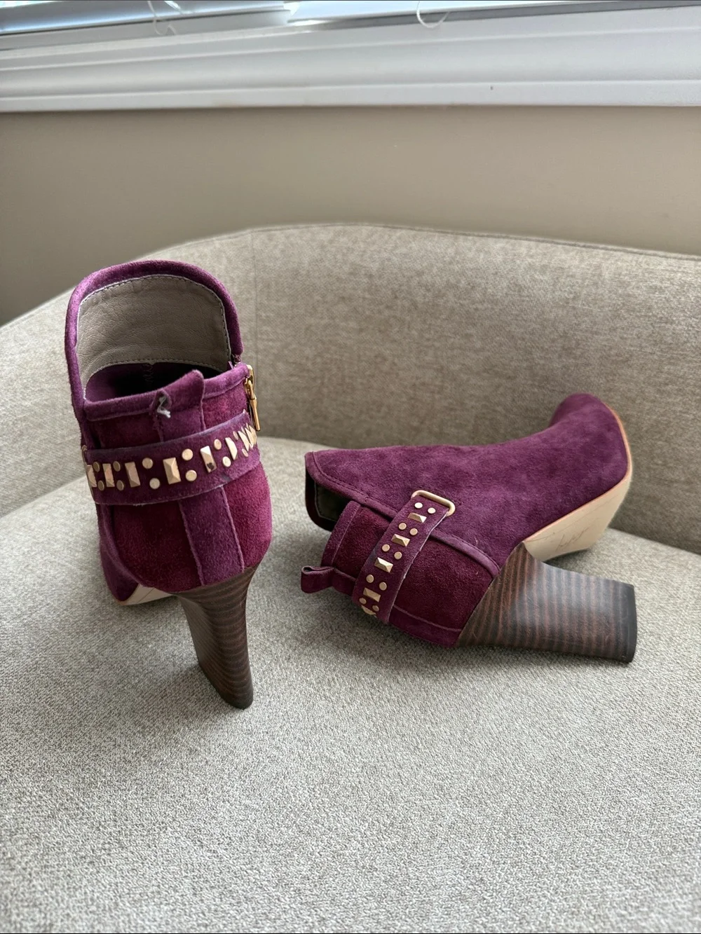 Anthropologie Plum Purple Suede Block Heel Ankle Boots